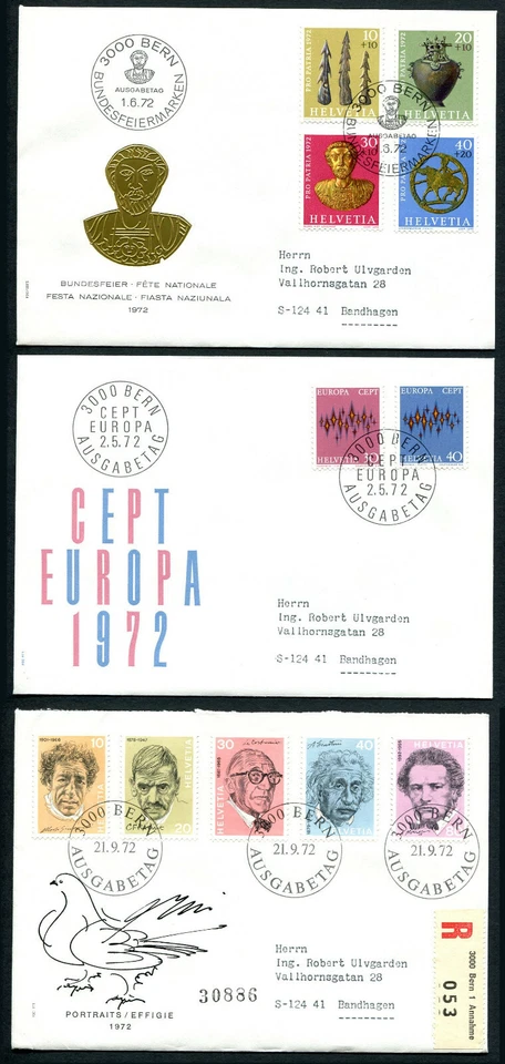 Switzerland K80 3 FDC 1972 registered GOLD Famous Persons Europa CEPT - Image 1 of 1