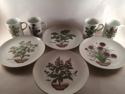 JUEGO DE PLATOS DE PARED DE HIERBAS AÑOS 50 - 60 CON TAZAS - CEBOLLINO Y MOSTAZA PEREJIL SALVIA Foto 1 de 4