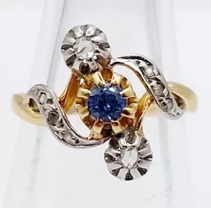Anillo antiguo de oro de 18k azul zafiro y diamantes tallas rosadas (alrededo... - Imagen 1 de 8