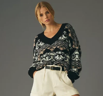 NWT Anthropologie Black Textured V-neck Distressed Hem Sweater, SMALL - $148 NEW - Image 1 of 4