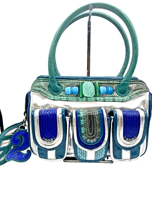 Bracher Emden B2E Blue Green Leather Embellished Encrusted Shoulder Bag Purse - Image 1 of 4