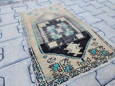 Turkish Oushak Rug, 1.7x2.6 ft, Beige Teal Vintage Rug", Handwoven Wool Rug - Image 1 of 4