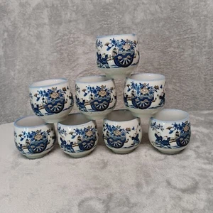Japanese Porcelain Tea/Saki Cups Cobalt Blue Decoration Men and Cart 8pc Set - Picture 1 of 18