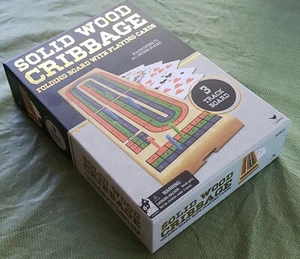 SOLID WOOD CRIBBAGE FOLDING BOARD W/PLAYING CARDS--OPENS TO 14.7"-BRAND NEW - Picture 1 of 12
