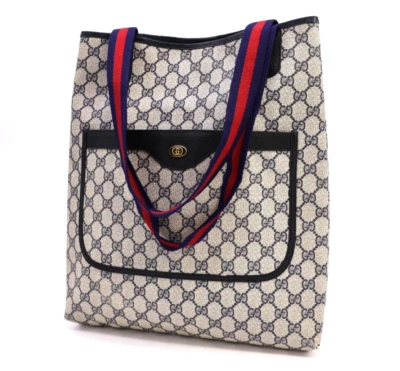 Gucci Tote Shoulder Bag Handbag Purse GG Supreme Sherry Navy Vintage Authentic - Image 1 of 4