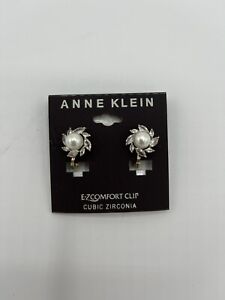 Anne Klein Comfort Clip Round CZ Ak Pearl Earrings