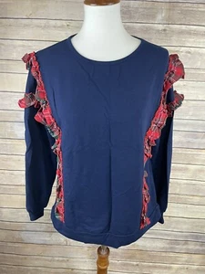 Crown & Ivy Medium Holiday Pullover Blue Ruffled Plaid Detail Christmas Festive - Picture 1 of 9