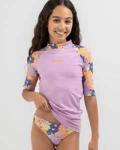 Rip Curl Girls Rash Guard Short Sleeve Size 12 Surf Swim Top UPF 50 Lilac Floral - Picture 1 of 14
