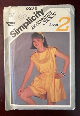VTG 80s Simplicity 6278 Misses Romper w/ Button Shoulders Pattern Sz 16 UNCUT FF - Image 1 of 4