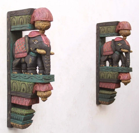 Vintage Wall Bracket Woode Elephant Corbel Pair Antique Home Temple Garden Decor Cover