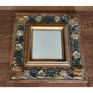VTG Baroque Style Ornate Beveled Wall Mirror Black Gold Gilt 14x14 Framed Mirror - Picture 1 of 5