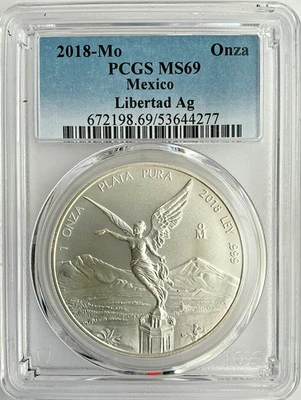 2018-Mo Mexico 1 oz Silver Libertad PCGS MS 69. Mintage 300,000 - Image 1 of 2