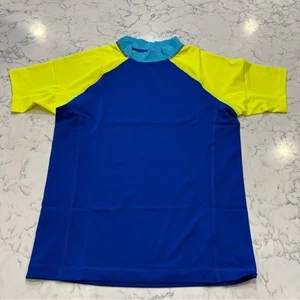 NWOT Lands End Blue Neon Yellow Short Sleeve Rash Guard Swim Shirt Large Youth - Picture 1 of 4