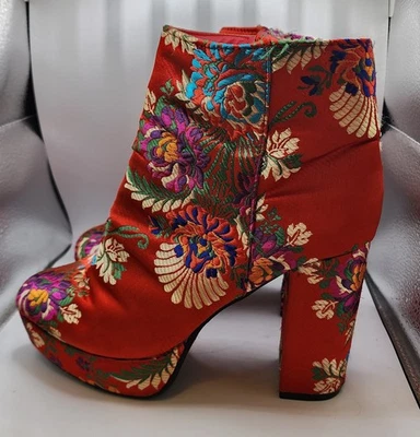 BAMBÚ "Namaste" Rojo/Multicolor Bordado Estilo Asiático Botines 8/38 Tacones Foto 1 de 4