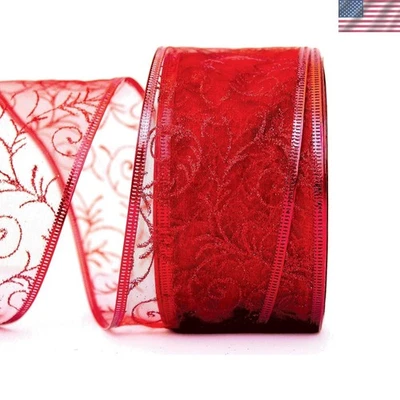 Elegante cinta de organza roja con bordes de alambre - 50 yardas para Navidad y San Valentín Foto 1 de 4