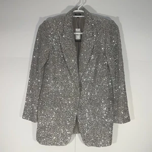 Express Silver Sparkle Sequin Lined Blazer Women's Medium Holiday Glam MSRP $198 - Picture 1 of 8