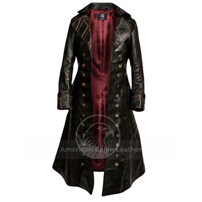 Mens Brown Leather Long Trench Coat Captain Hook Pirate Halloween Costume Jacket - Image 1 of 4