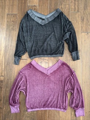 Lot Of 2 Free People South Side Thermal Top Purple Black V Neck Oversized Fit - Image 1 of 4
