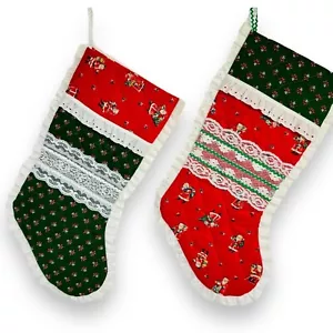VTG Pair of Christmas Stockings Handmade Quilted Lace Ric Rac Trim 16.5" Santas - Picture 1 of 10