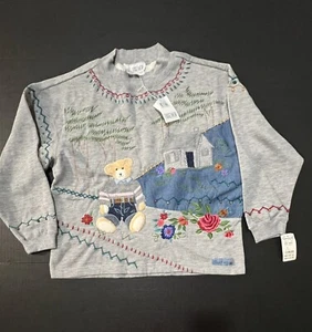 Vtg NWT Sweatshirt Together Embroidered Patchwork Teddy Bear Small Grandma - Picture 1 of 8