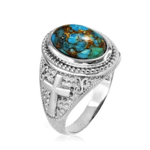 Sterling Silver Blue Copper Turquoise Gemstone Christian Cross Ring - Picture 1 of 2