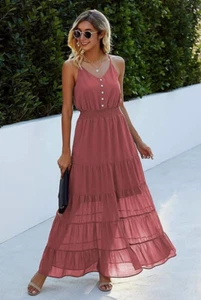 Pretty Garden Women's Brick Red Sleeveless Spaghetti Strap Maxi Sun Dress Sz S - Picture 1 of 4