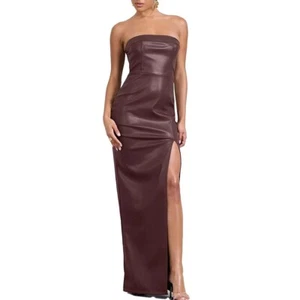 Damen braun Kunstleder langes Schlitz Kleid, Damen Leder trägerloses Bandeau Kleid - Bild 1 von 5