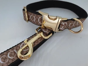 Dog Collar and Lead 10" - 14" neck size.  FREE FABRIC DESIGN Gold Metal Buckle - Picture 1 of 5