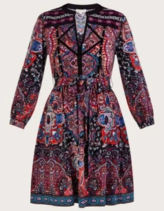 MONSOON PAISLEY PRINT VELVET TRIM SHORT JERSEY DRESS BLUE MIX SIZE M, RRP £75 - Picture 1 of 10