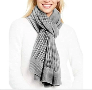 DKNY Womens Open Stitch Knit Blocked Scarf  One Size Heather Grey MSRP $48 - Picture 1 of 5