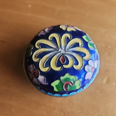 Floral Cloisonne Trinket Box Cobalt Blue Enamel on Metal Lid 2" Round Lovely - Image 1 of 4