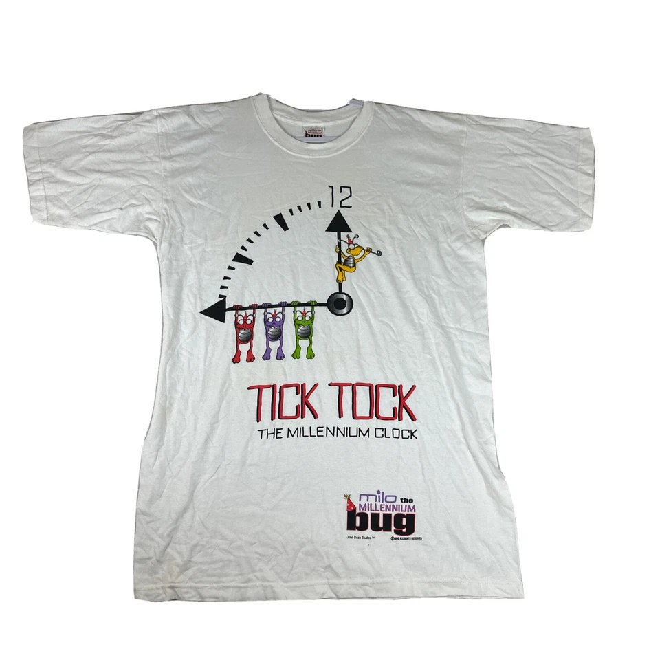 复古 1998 Milo Millennium Bug T 恤男式 XL Tick Tok 时钟 1998 白色 — 第 1/4 张图片