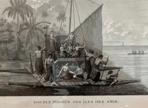 Antique 1817 Engraving - Double Canoe in Tonga - Picture 1 of 5