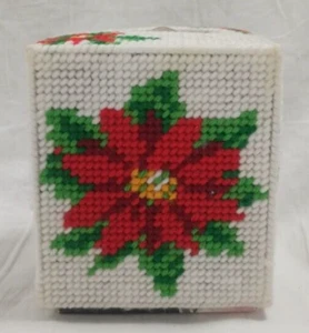 Vintage Needlepoint Plastic Canvas Tissue Box Cover-Christmas Poinsettia Flower - Picture 1 of 4
