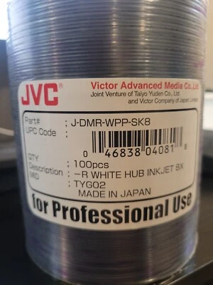 100 Pcs JVC R White Hub Inkjet DVD-R 8X J-DMR-WPP-SK8 - Image 1 of 2