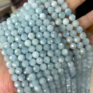6/8/10 mm Echte Natürliche Glänzende Mikro Facettiert Blau Aquamarin Lose Perlen - Bild 1 von 6