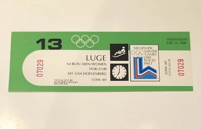 1980 Lake Placid Olympics Ticket Luge 1st Run Men/Women February 13 19:00-21:00 - Image 1 of 2