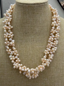 Double Strand Peach Teardrop Freshwater Pearl Beads 925 Necklace 18”+2”ext. - Picture 1 of 6