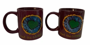 Penzeys Coffee Tea Mug Cup Heal the World Cook Dinner Tonight Purple Set Of 2 - Picture 1 of 6