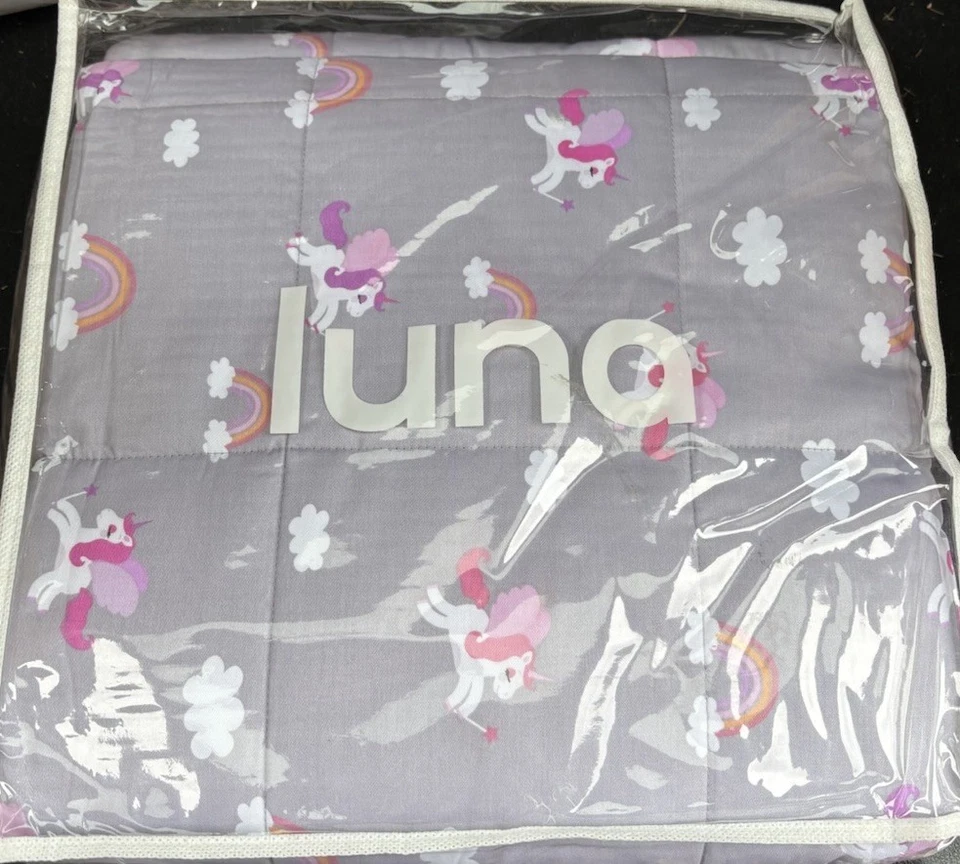 Manta con peso Luna Kids 7 libras gris con unicornio púrpura y blanco 41x60 doble nueva Foto 1 de 1