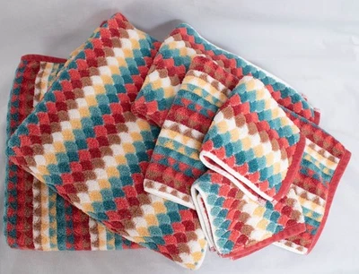 Conjunto de toalhas de banho multicoloridas asteca 100% algodão lavagem à mão 6 peças com borda - Imagem 1 de 4