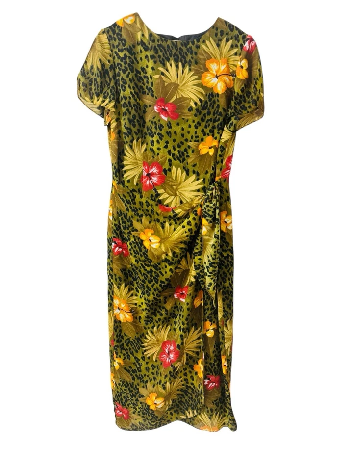 Vintage John Roberts Womens Floral Long Wrap Dress Size 14 Brown Yellow Hibiscus - Image 1 of 4
