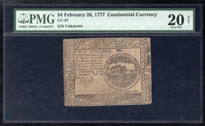 CC-57 FEBRUARY 26, 1777 $4 FOUR DOLLARS CONTINENTAL CURRENCY NOTE PMG VF-20 - Image 1 of 2