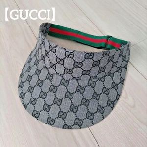 Gucci GG Pattern Sun Visor Hat Gray Golf Cap Green Red Stripe Strap Authentic - Picture 1 of 8