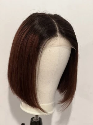 100% Human Hair glueless Silky Straight short bob Lace Front Wig brown Bluntcut  - Image 1 of 4