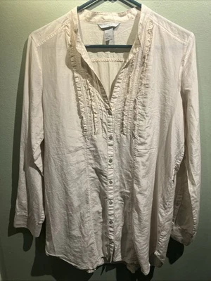 亚麻棉荷叶边女式开领衬衫 12 码鲍鱼纽扣透明 H&M — 第 1/4 张图片