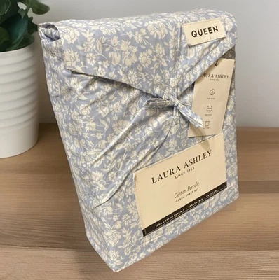 LAURA ASHLEY Queen Size Heirloom Ditzy Blue Floral 100% Cotton Percale Sheet Set - Image 1 of 4