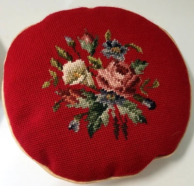 Vintage Hand-Stitched Needlepoint Round Floral Pillows – Set of 2 10" - Image 1 of 4