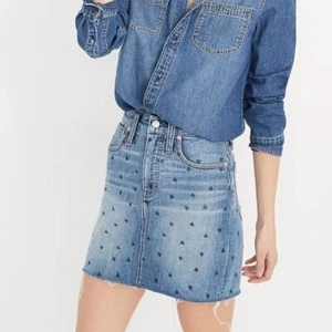 Madewell Skirt Denim Straight Mini Heart Print Edition Raw Hem Size 29 - Picture 1 of 8