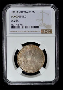 NGC MS64 1931 Germany Weimar Magdeburg Silver 3 Mark - City View Rare in MS Tone - Picture 1 of 4